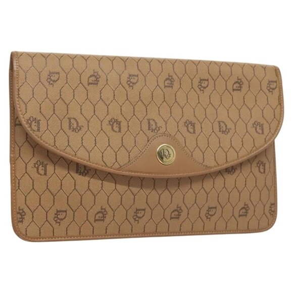 Christian Dior Honeycomb Canvas Clutch Bag PVC Beige Gold Auth ti3117 - Picture 1 of 16